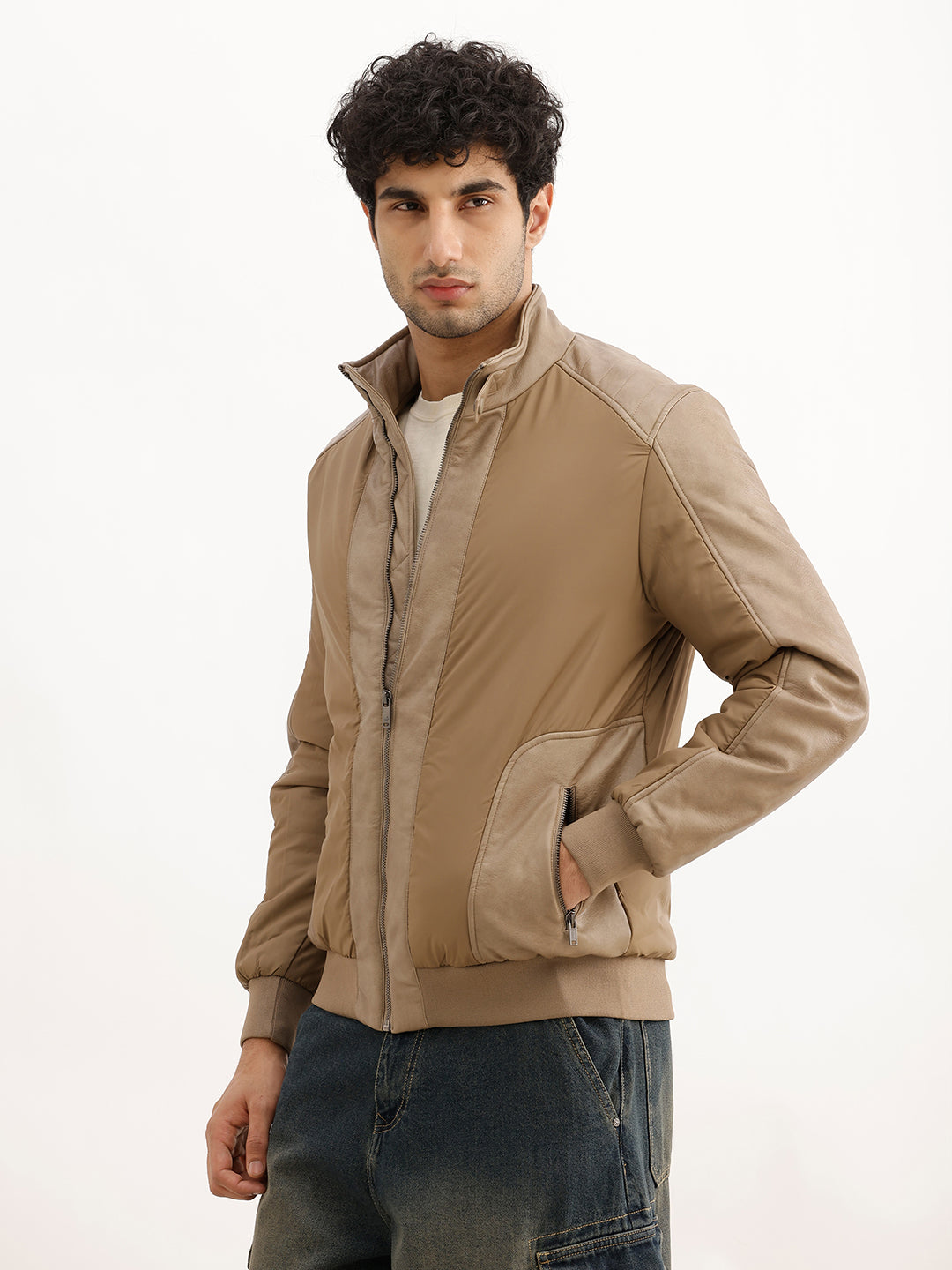 Slim Fit Pannel Zipper Jacket | Beige