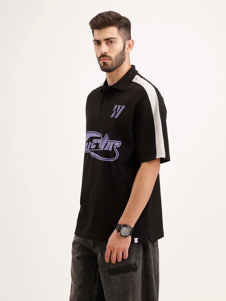 Oversized Placement Printed Polo T-Shirt | Black