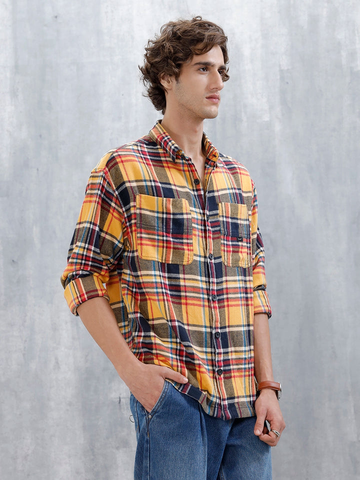 Wrogn Men's Checked Oversized Shirt | Yellow