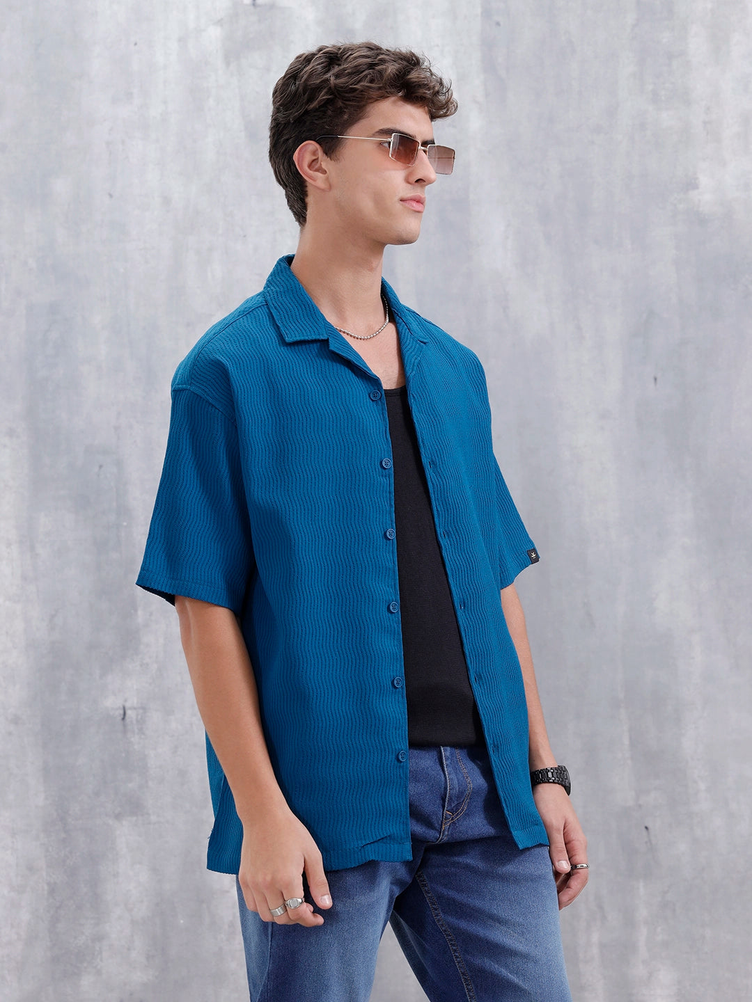 Men's Solid Self Structured Oversized Fit Resort Shirt | Teal