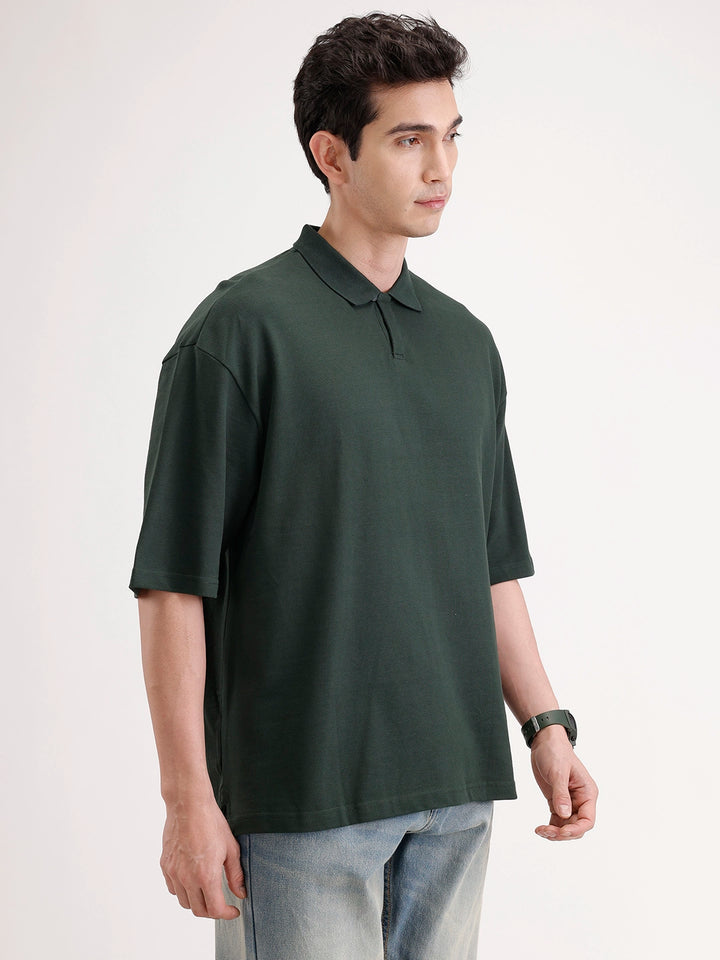 Solid Oversized Polo T-Shirt | Dark Green