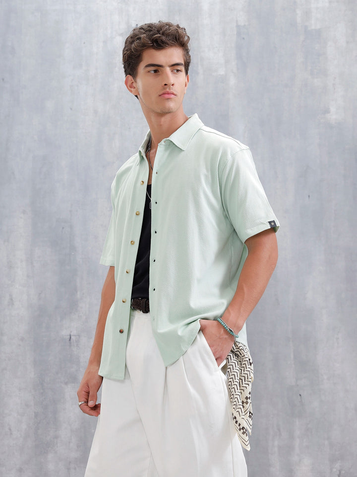 Knit Popcorn Texture Slim Fit Shirt | Light Green