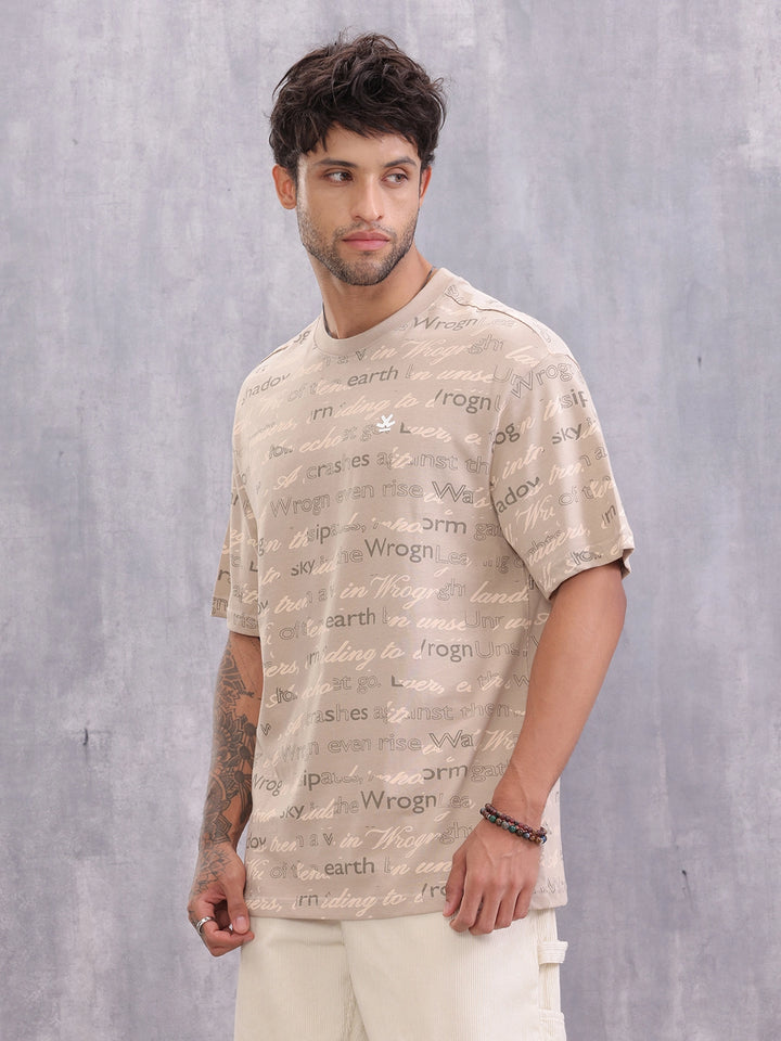 Typo Inspired Aop Oversized Fit T-shirt | Beige