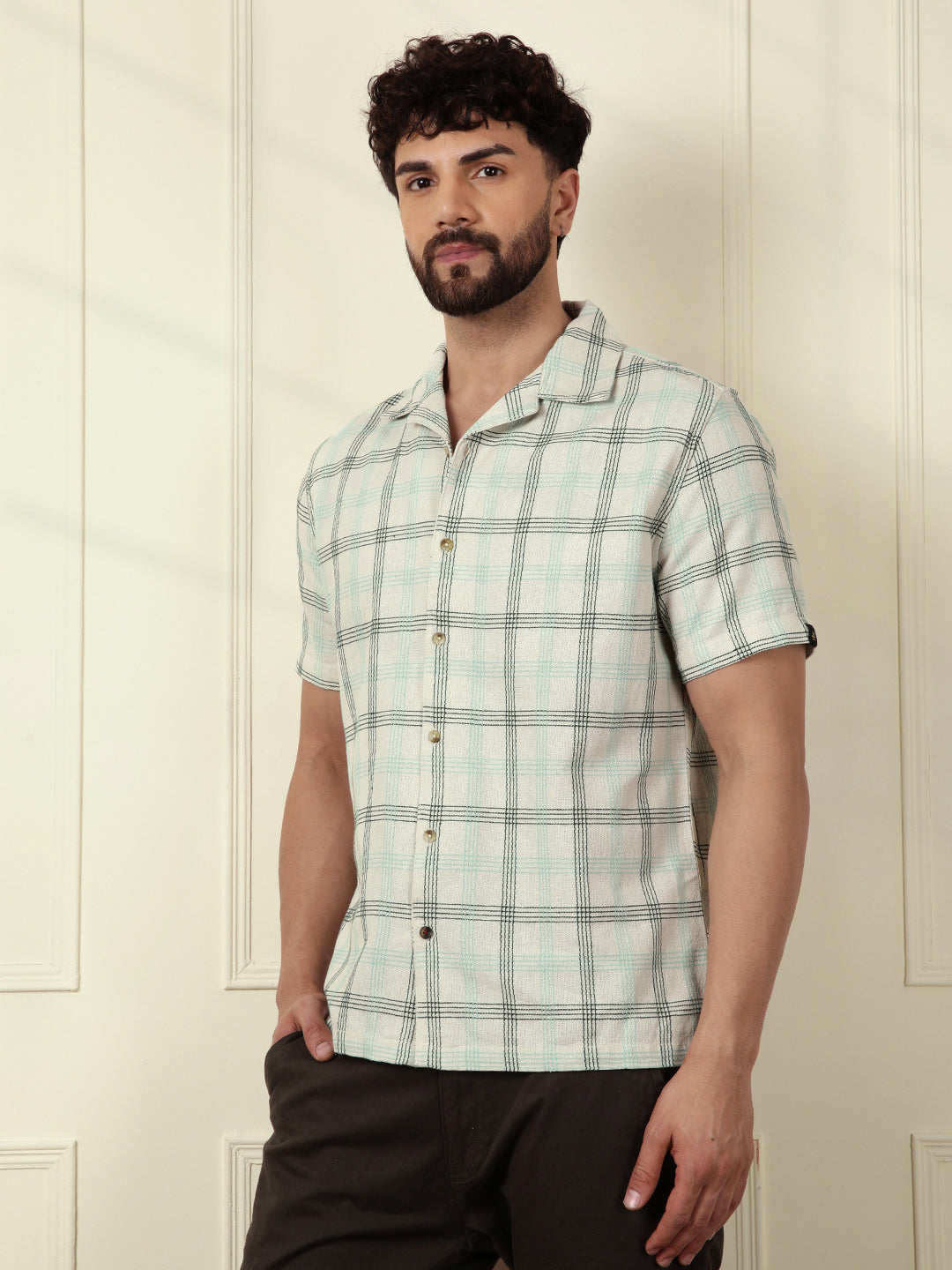 Textured Short Sleeve Checked Shirt | Light Green