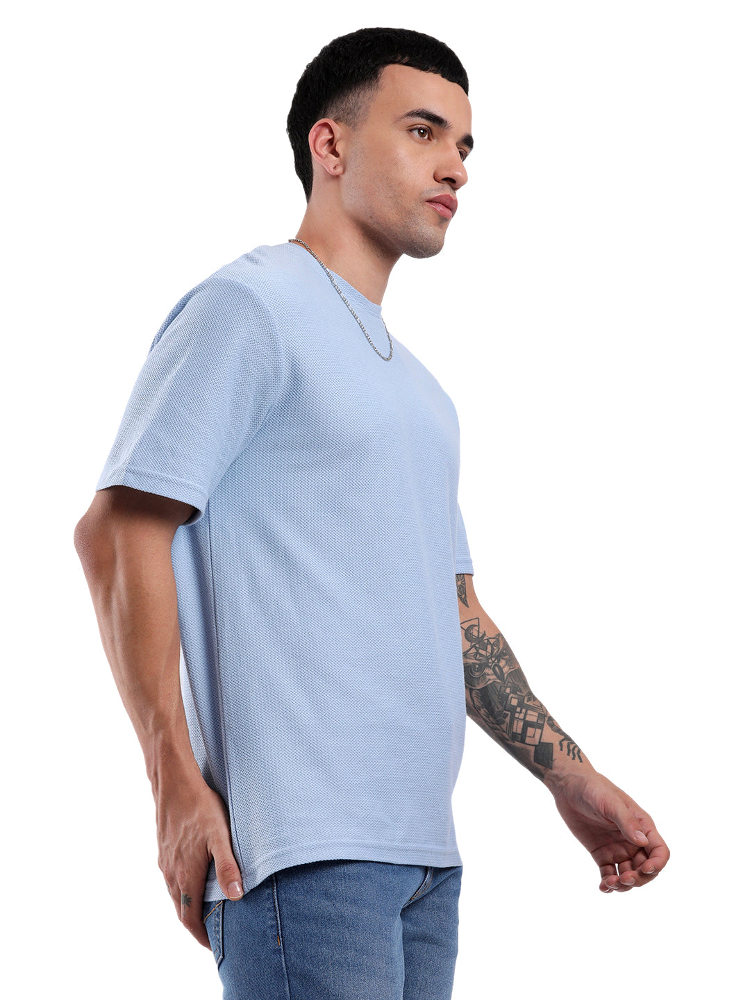 Light Blue Textured Crew Neck T-Shirt