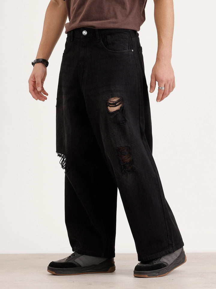 Baggy Fit Distressed Denim Jeans | Black
