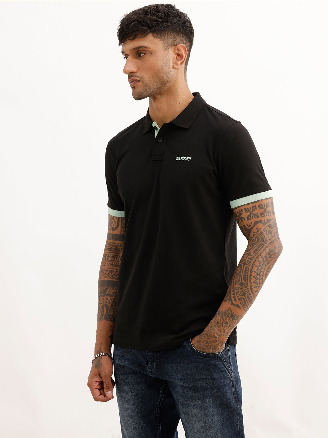 Solid Contrast Sleeve Polo T-Shirt | Black