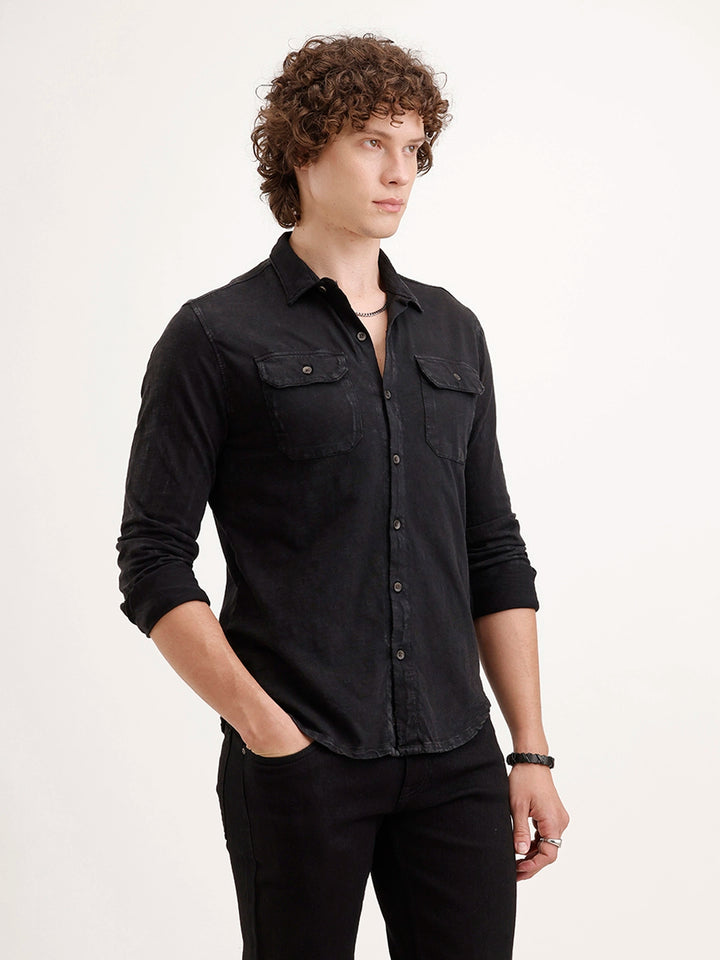 Solid Slim Fit Double Pocket Shirt | Black