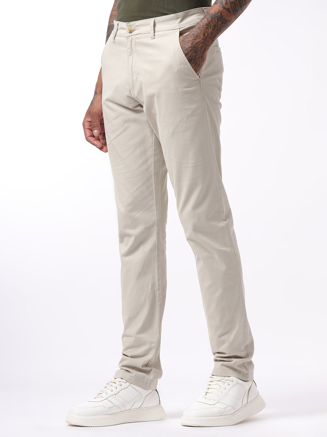 Beige Solid Slim Fit Trouser