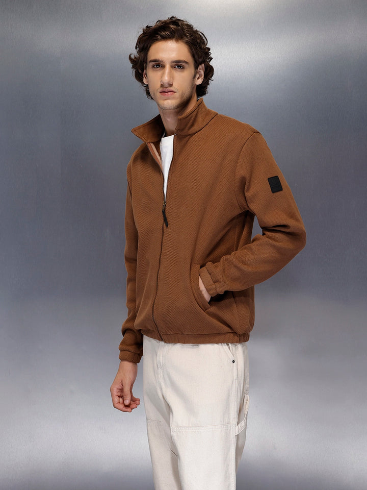 Men’s brown textured zip-up jacket | Brown