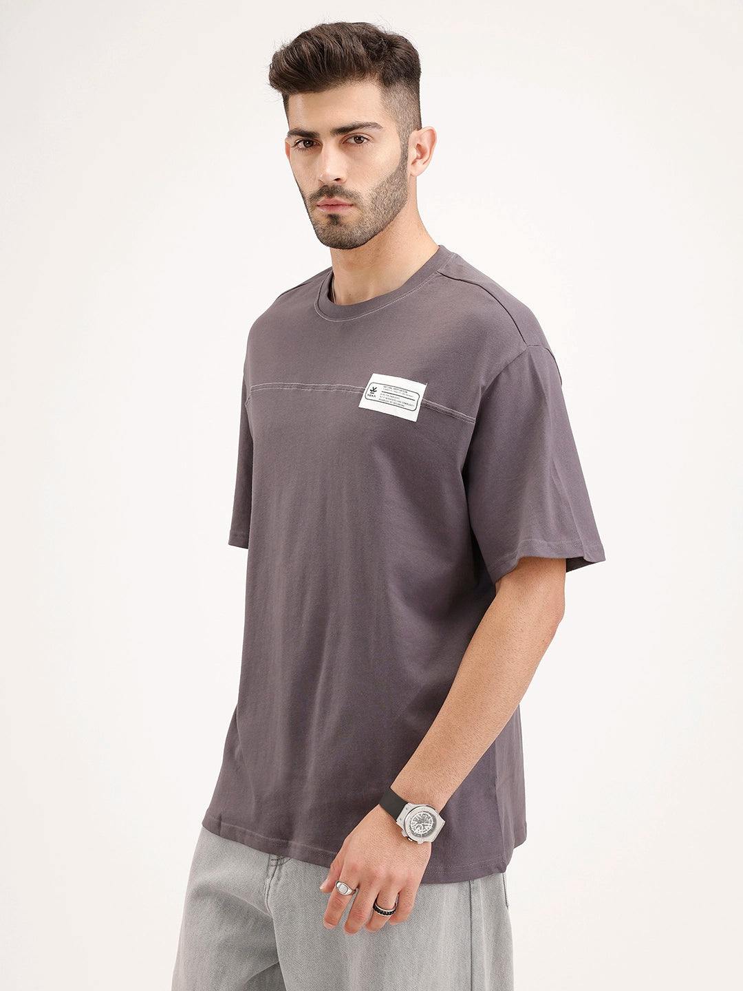 Oversized Cut & Sew Patch Tshirt | Dark Grey