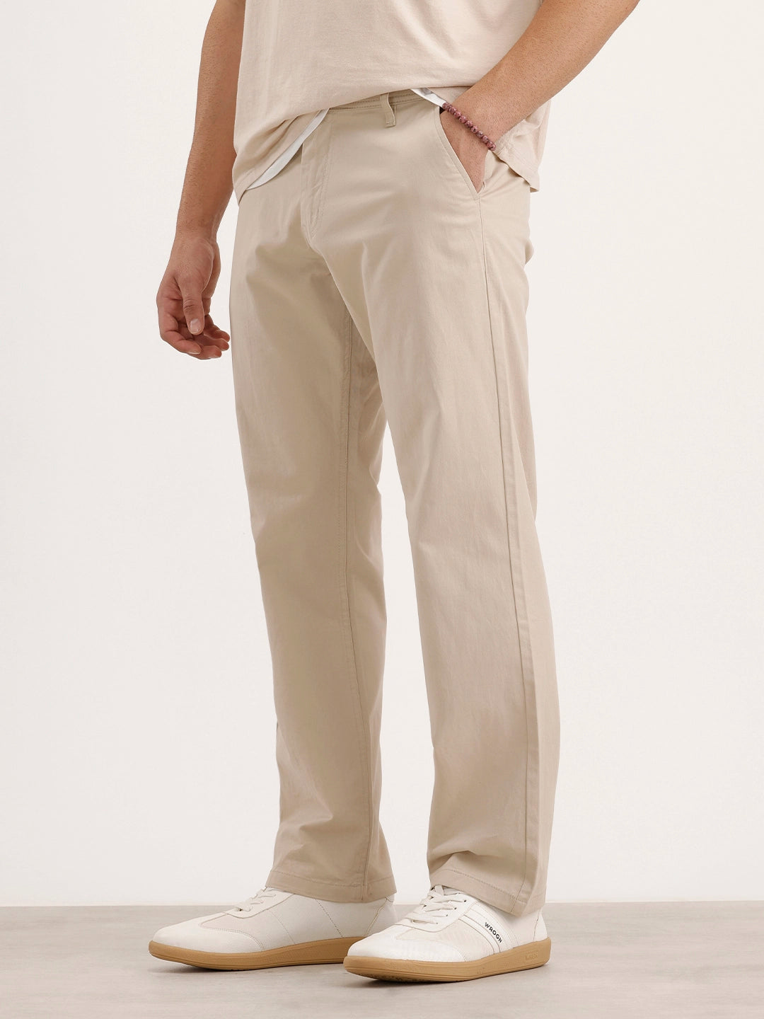 Straight Fit Solid Chinos | Beige