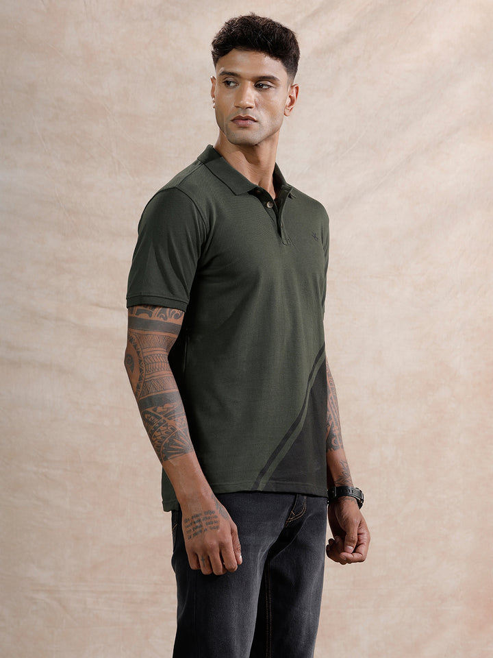 Colour Blocked Polo T-Shirt | Olive