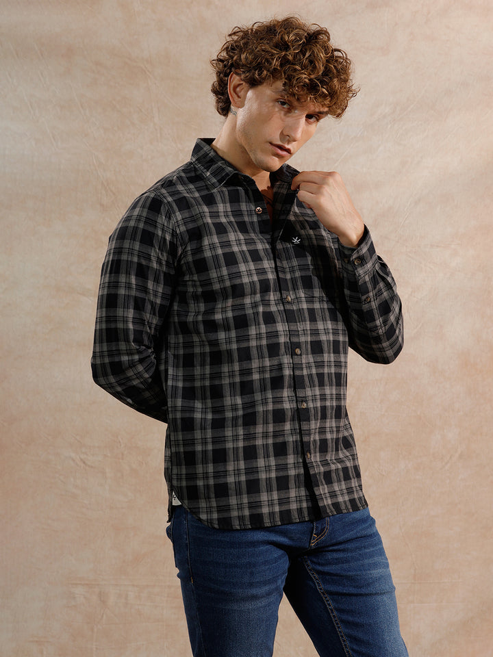 Tonal Checked Regular Fit Cotton Shirt | Black