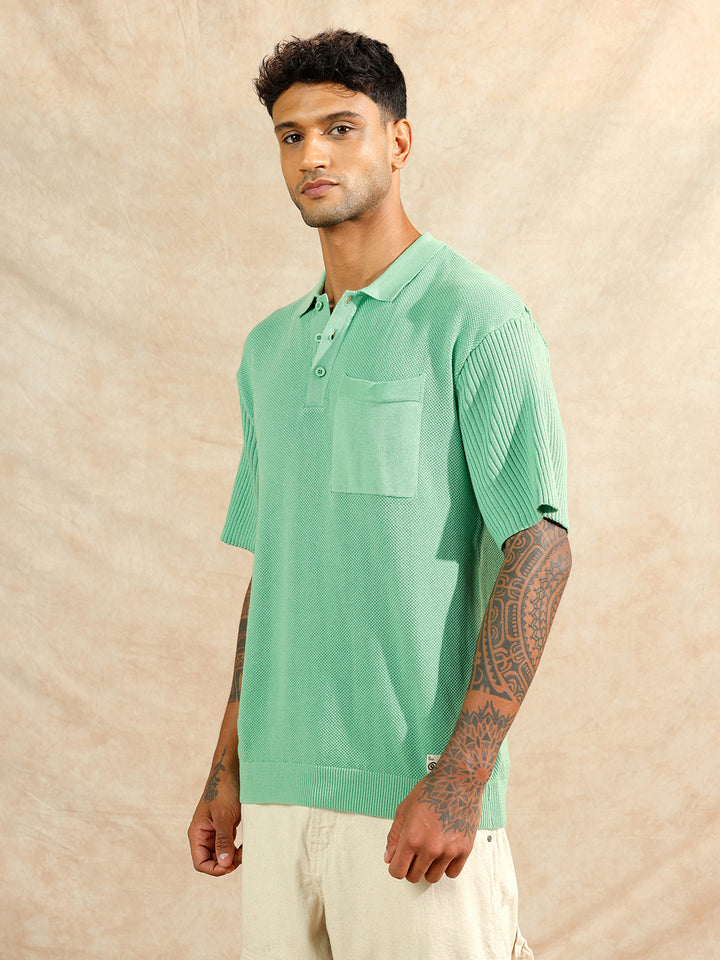 Solid Textured Flat Knit Polo T-Shirt | Green