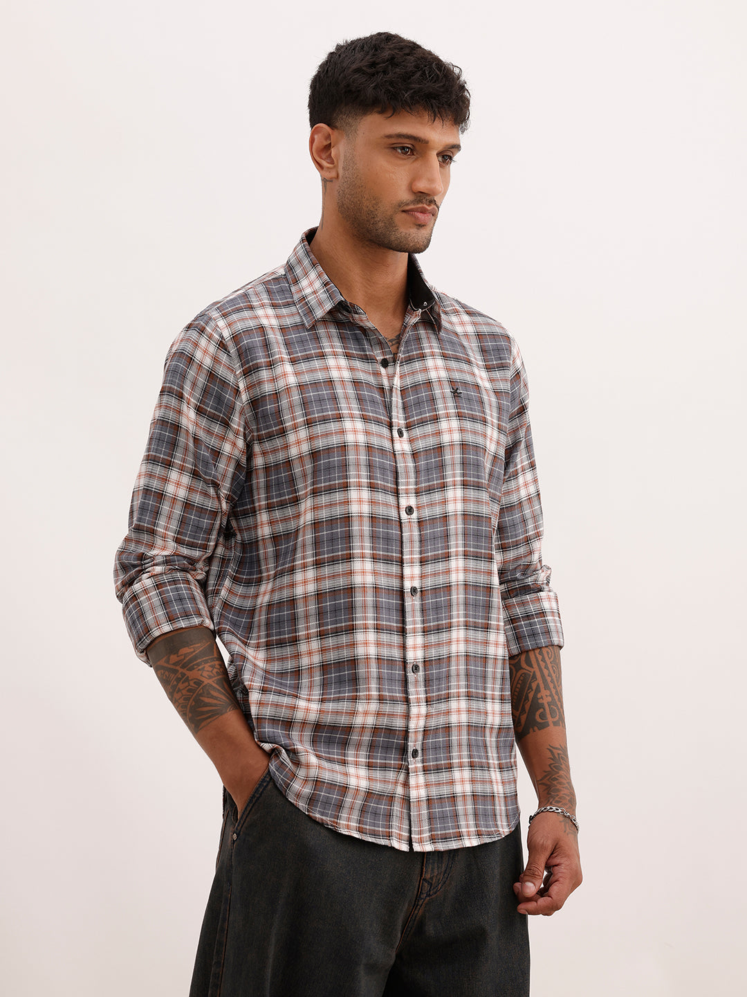 Slim Fit Checkered Full Sleeve Shirt | Grey | WSH02FSSL0073S