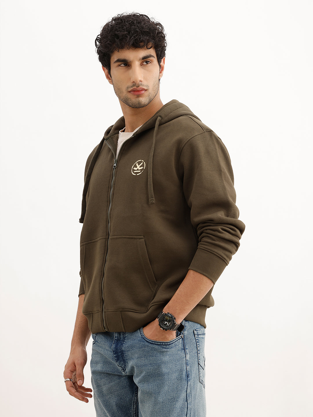 Classic Foil Printed Zipper Hooded Sweatshirt | Olive