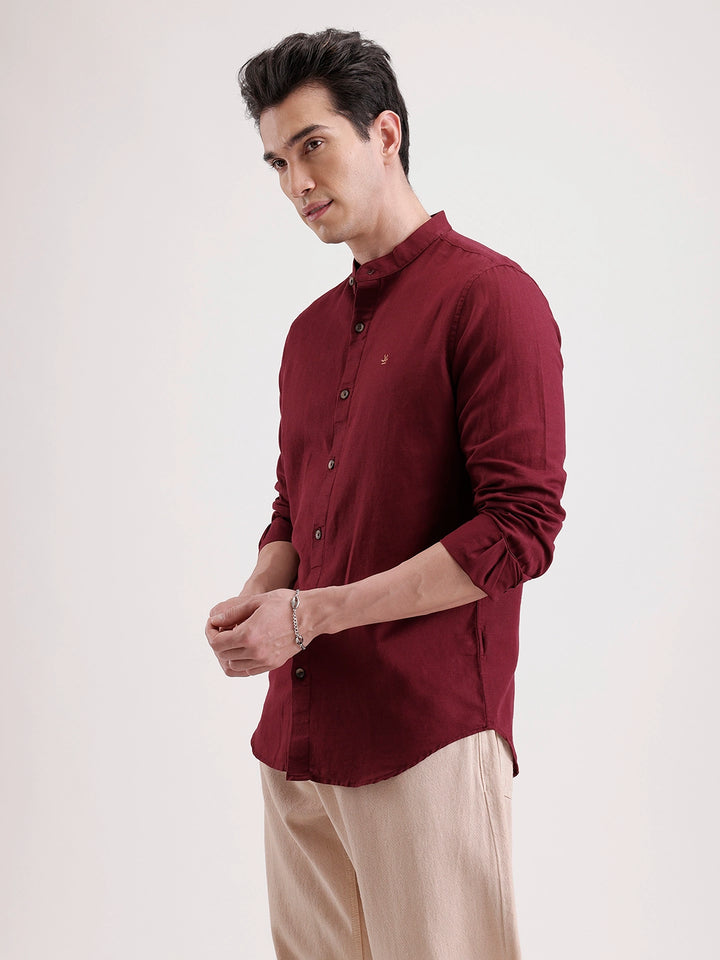 Slim Fit Mandrin Collar Linen Blend Shirt  | Wine