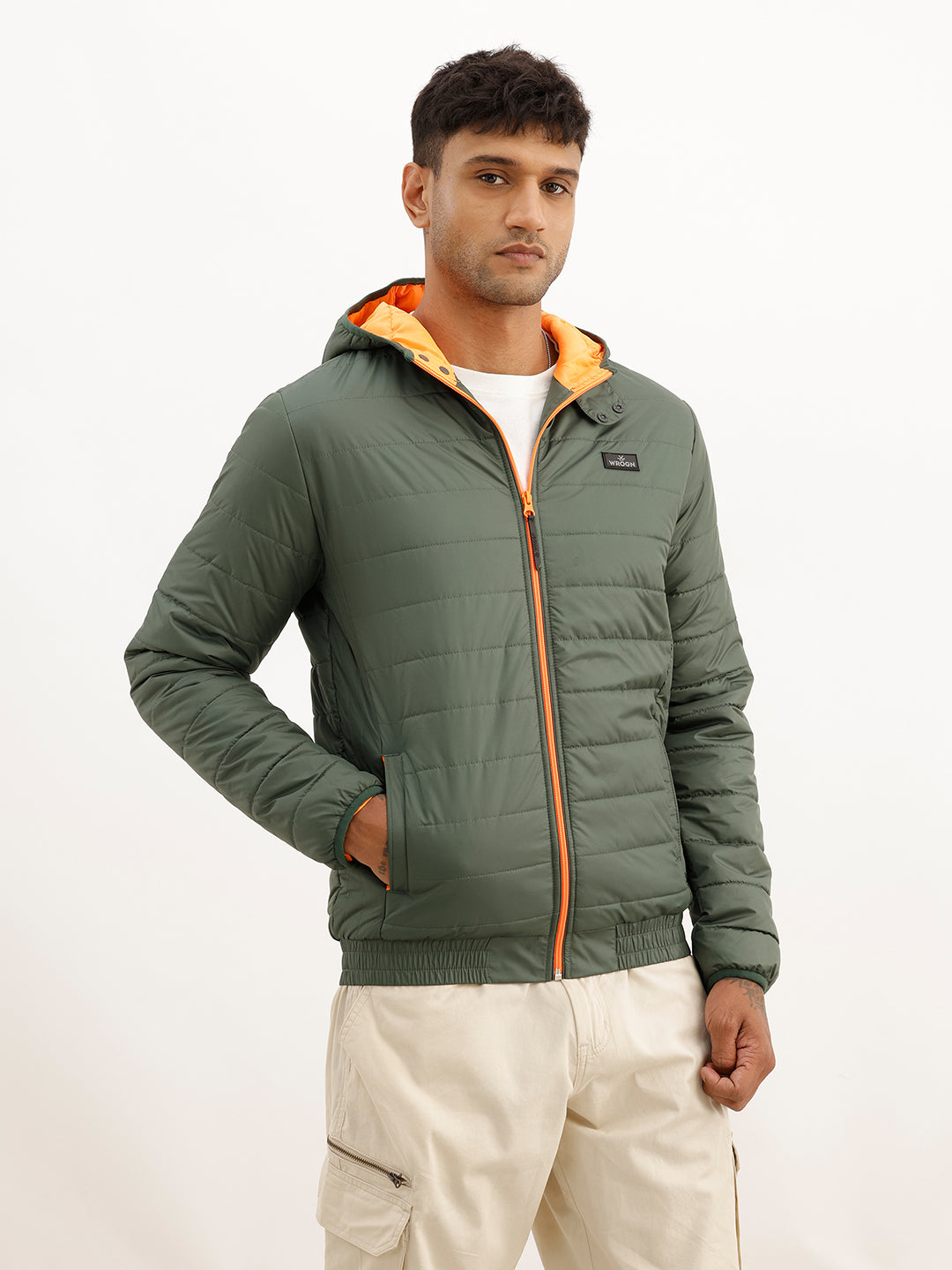 Solid Regular Fit Puffer Jacket | Dark Green