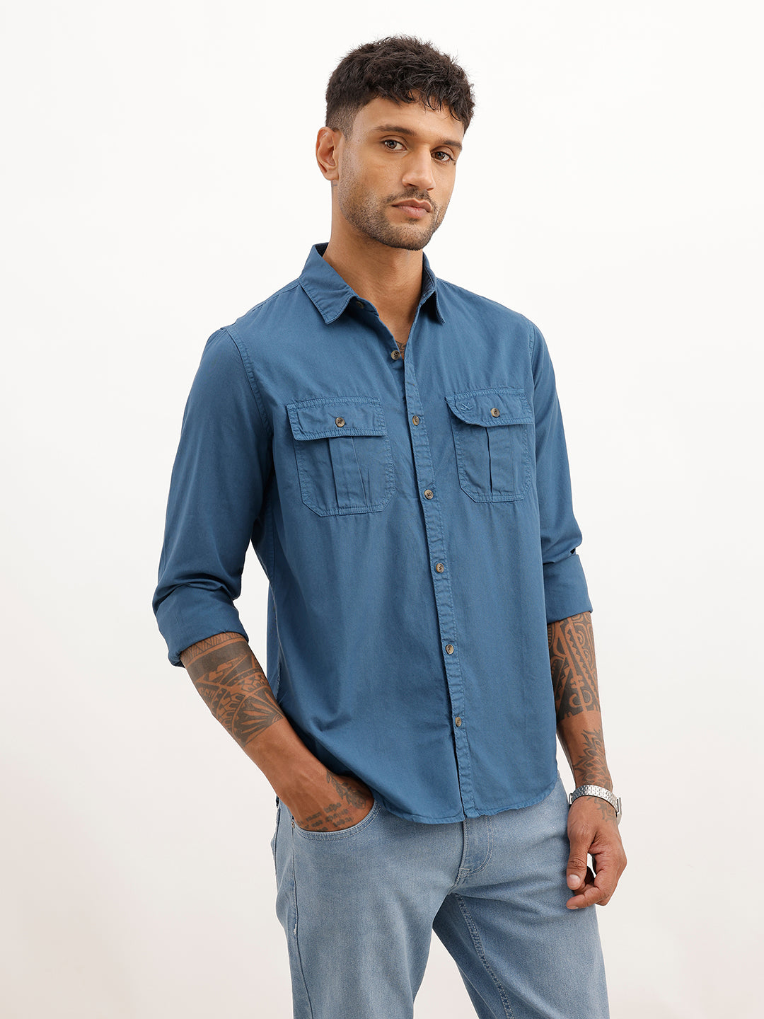 Regular Fit Double Pocket Shirt | Blue