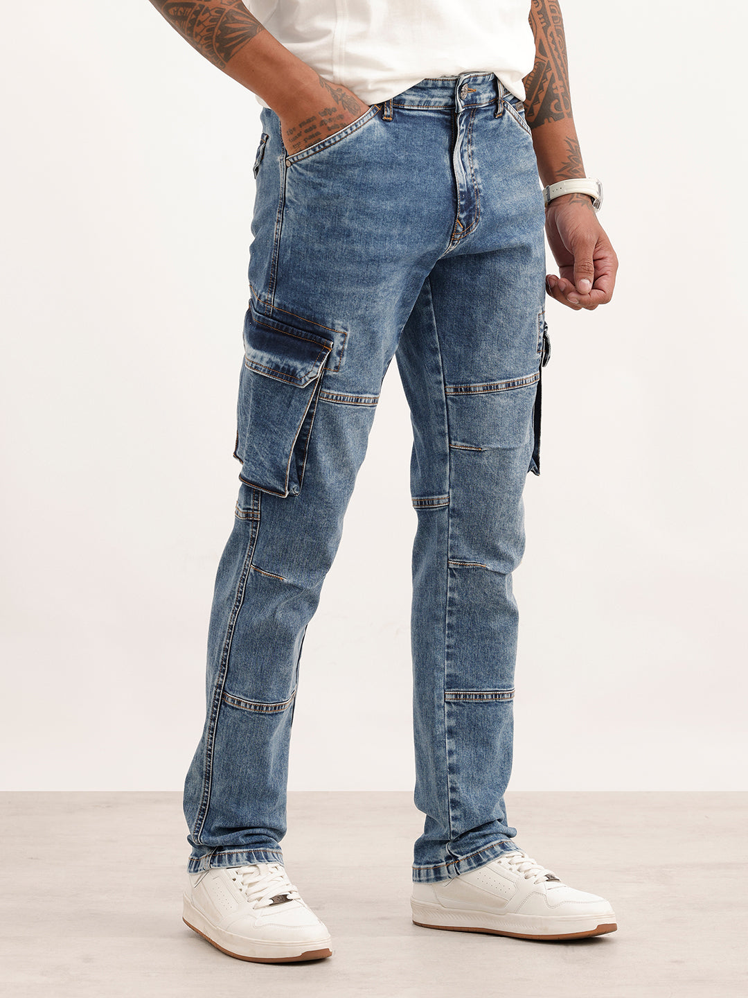 Classic Washed Straight Fit Denim Cargos | Blue