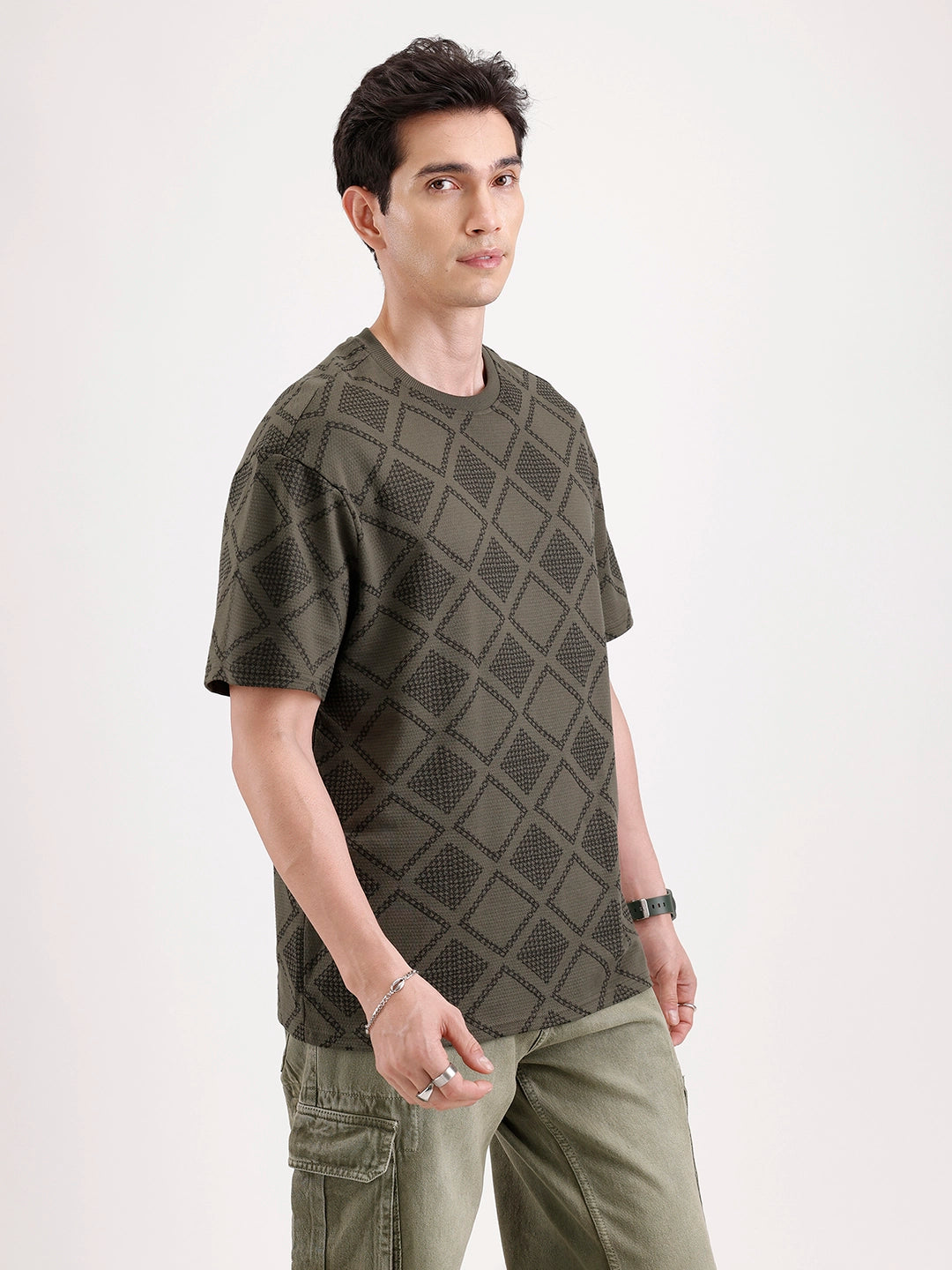 Oversized Popcorn Textured AOP T-Shirt | Olive
