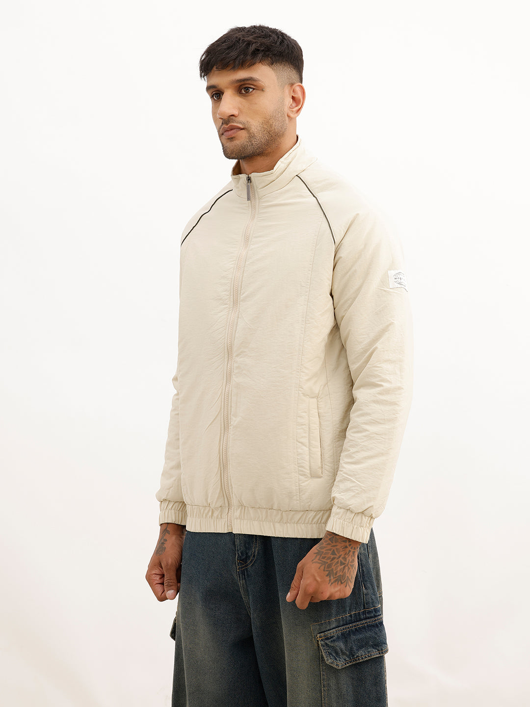 Solid Regular Fit Zipper Puffer Jacket | Beige
