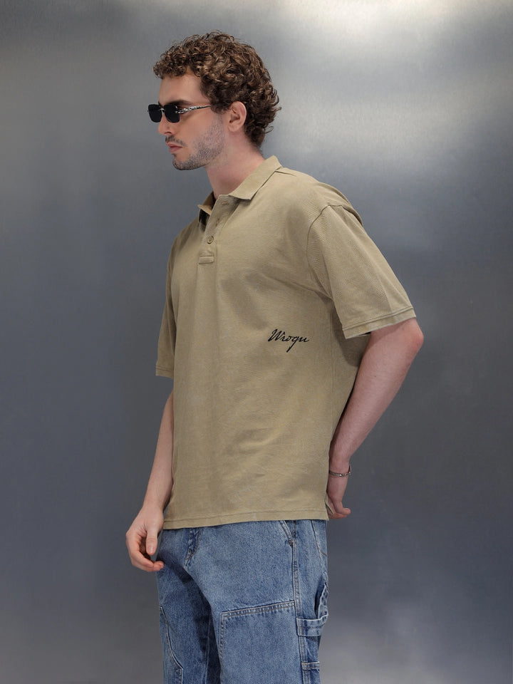 Washed Polo Neck Oversized T-Shirt With Branding | Khaki