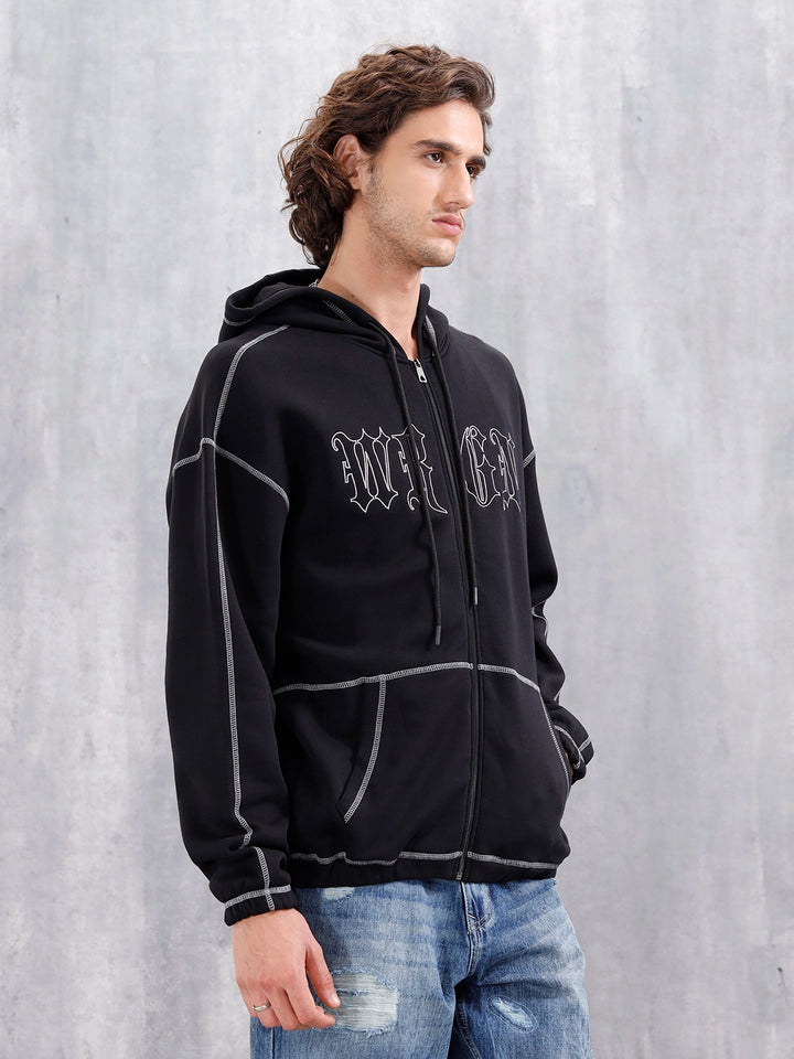 Oversized Fit Zip-Through Hoodie With Contrast Stitch | Black