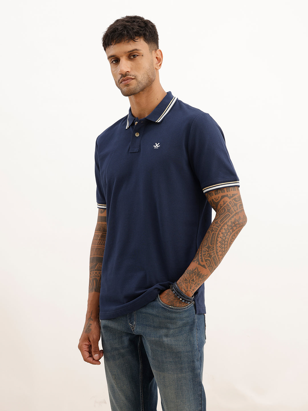Classic Slim Fit Tipping Collar Polo T-Shirt | Navy Blue | WPT01HSSL1288M