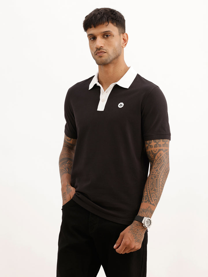 Solid Contrast Collar Polo T-Shirt | Black
