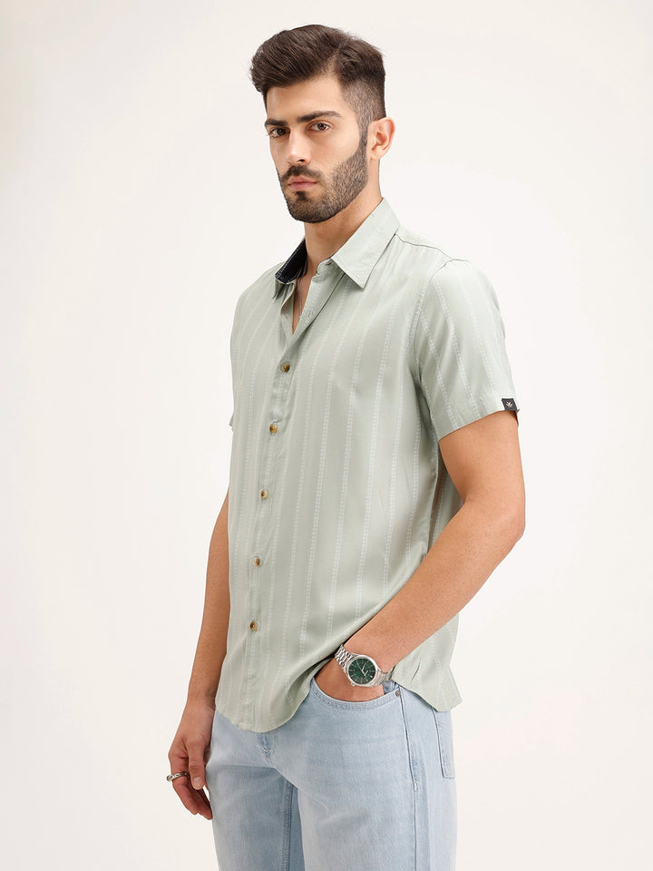 Slim Fit Striped Half Sleeve Shirt | Green