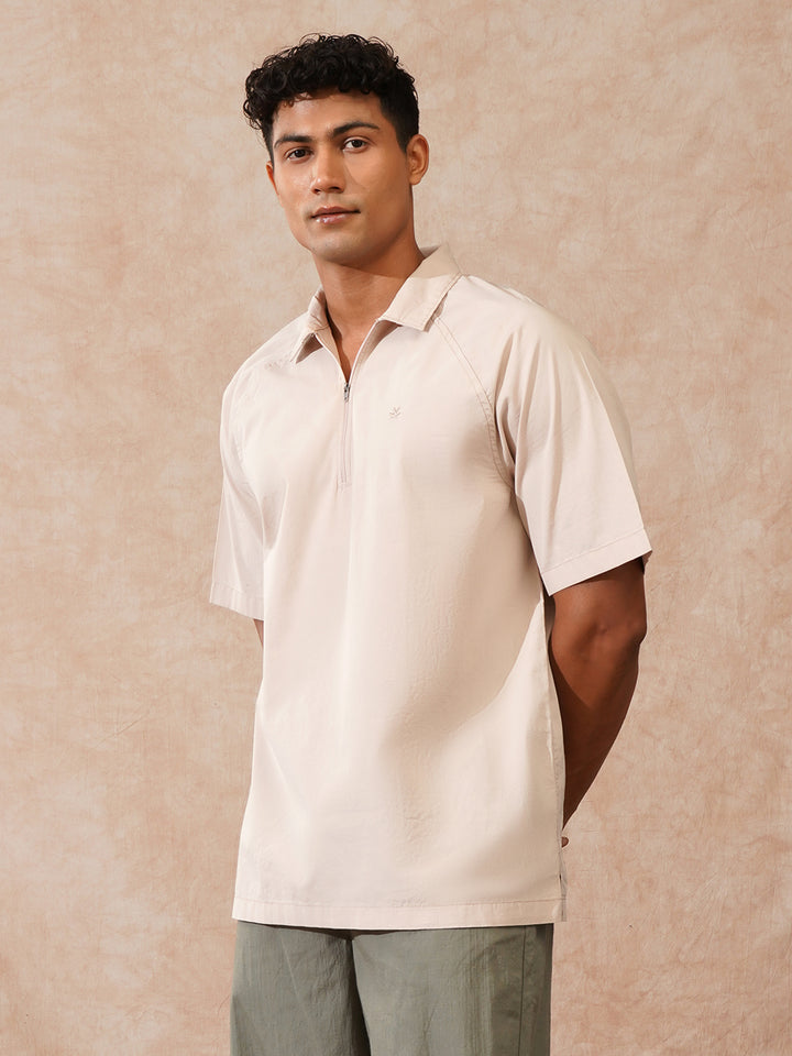 Solid Polo Collar Shirt | Beige