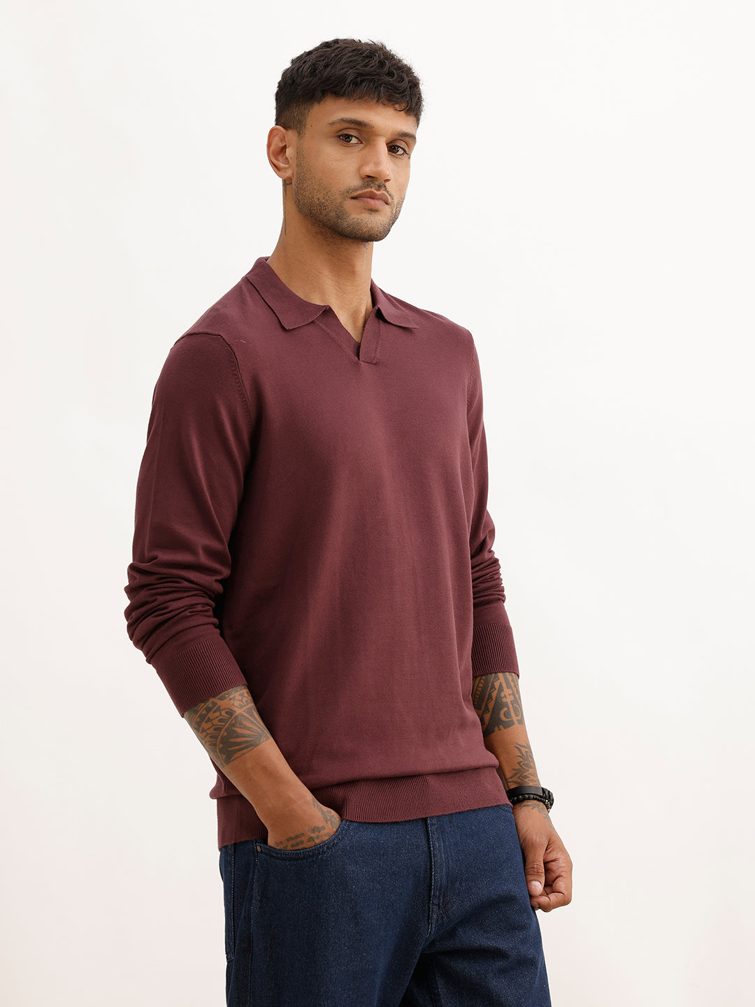 Solid Slim Fit Full Sleeve Polo T-Shirt | Wine | WPT02FSSL1627S