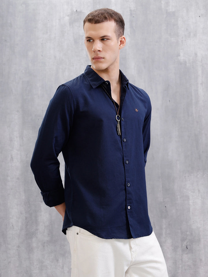 Solid Linen Blend Shirt  | Navy Blue