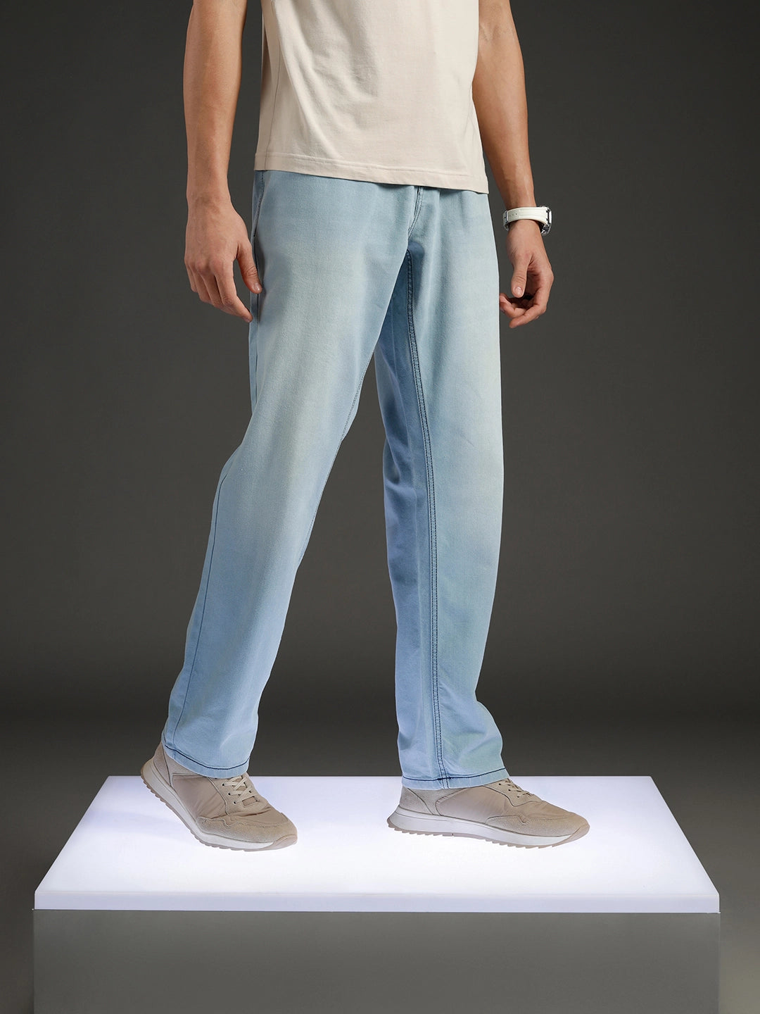 Wrogn Men's Casual Straight Fit Jeans with Contrast Stitch Detail | Light Blue