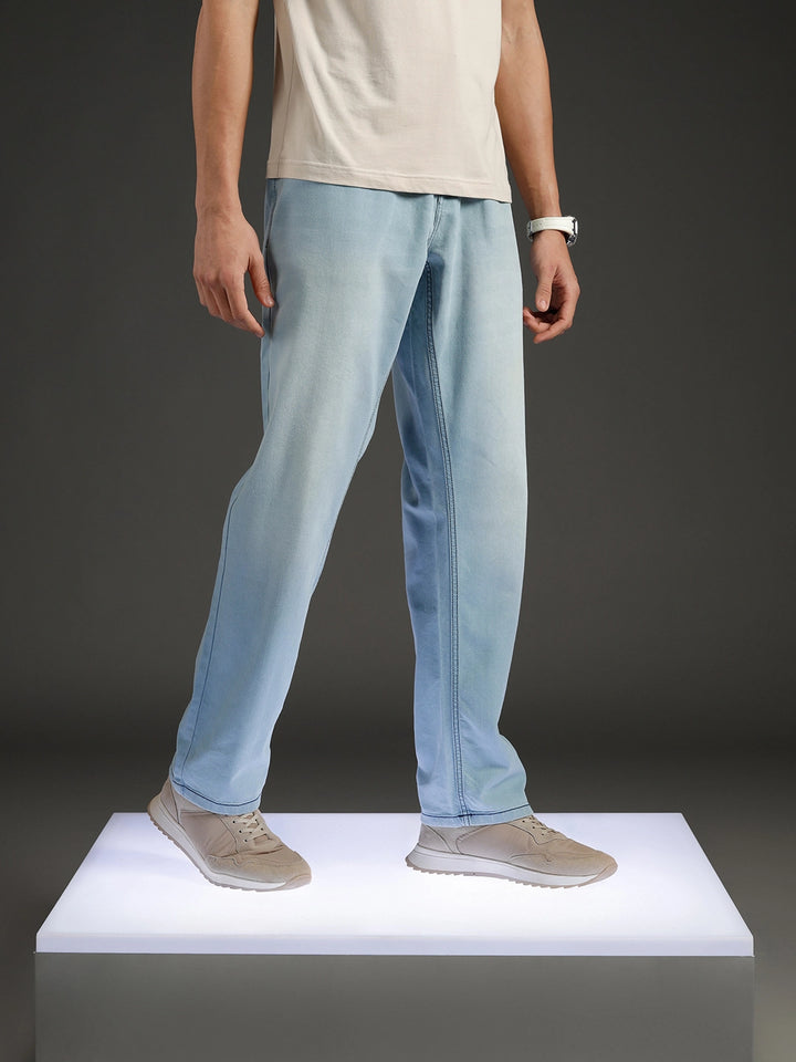 Wrogn Men's Casual Straight Fit Jeans with Contrast Stitch Detail | Light Blue