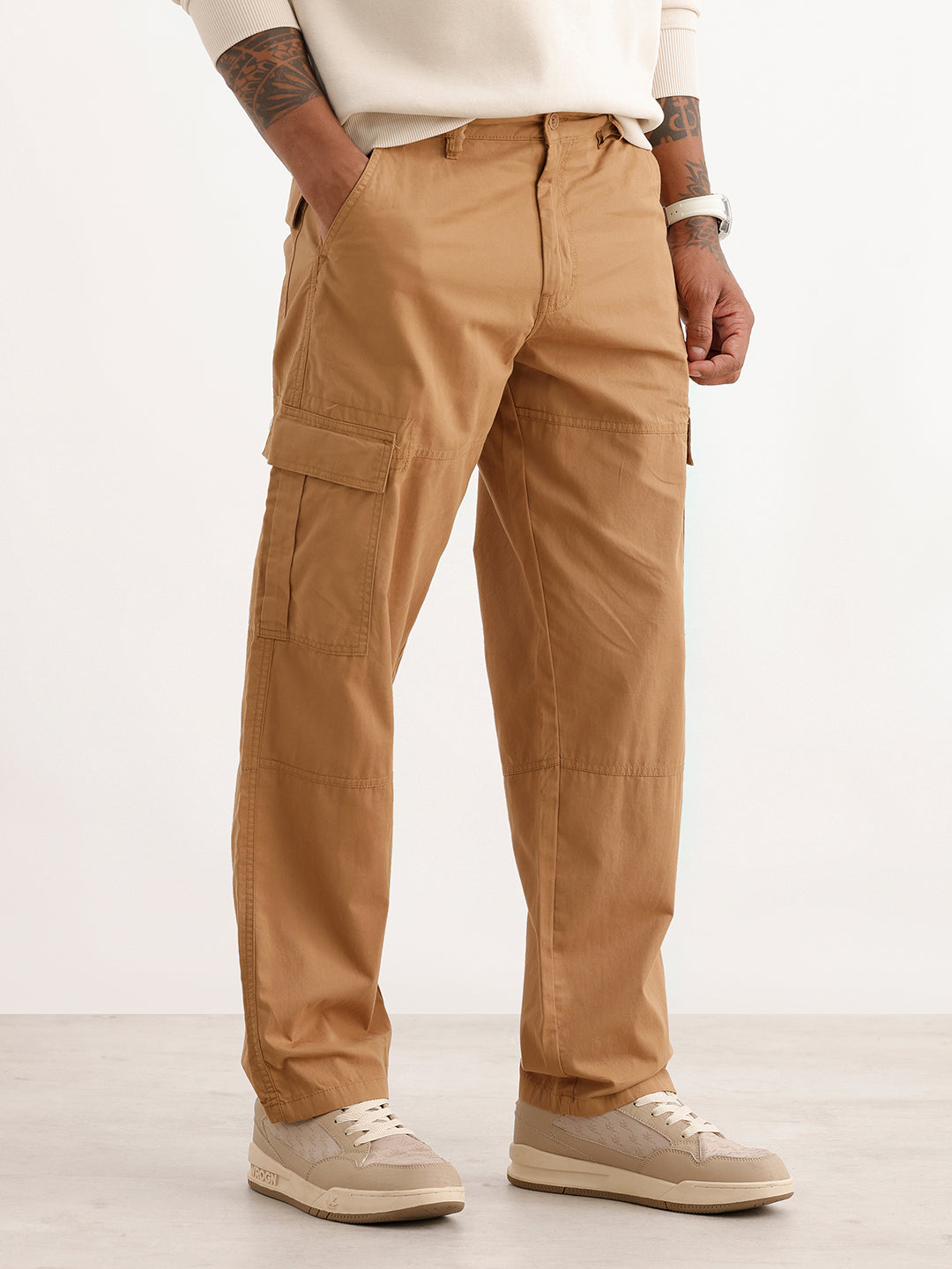 Solid Relaxed Fit Cargo Trousers | Brown
