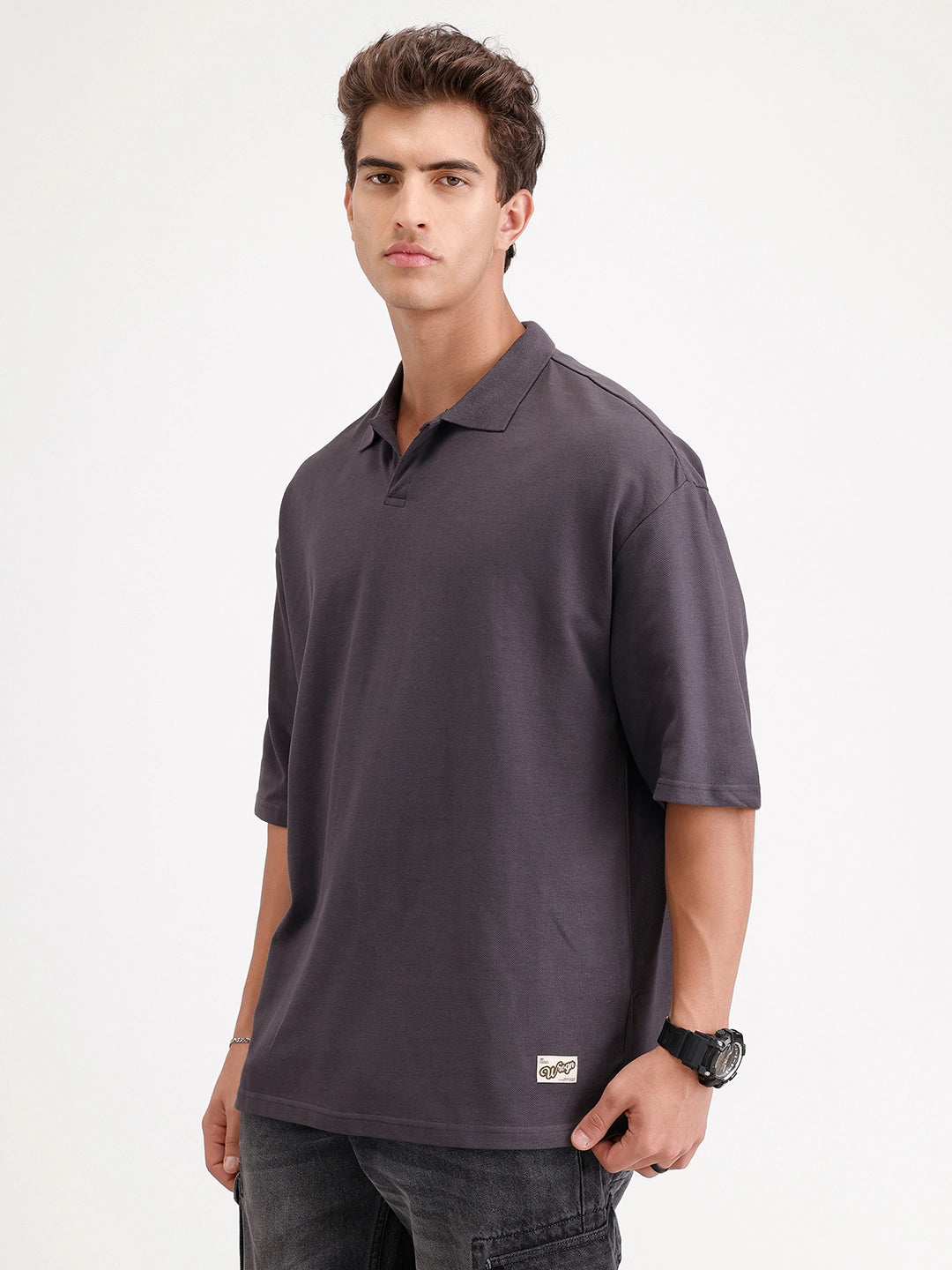 Solid Oversized Polo T-Shirt | Dark Grey