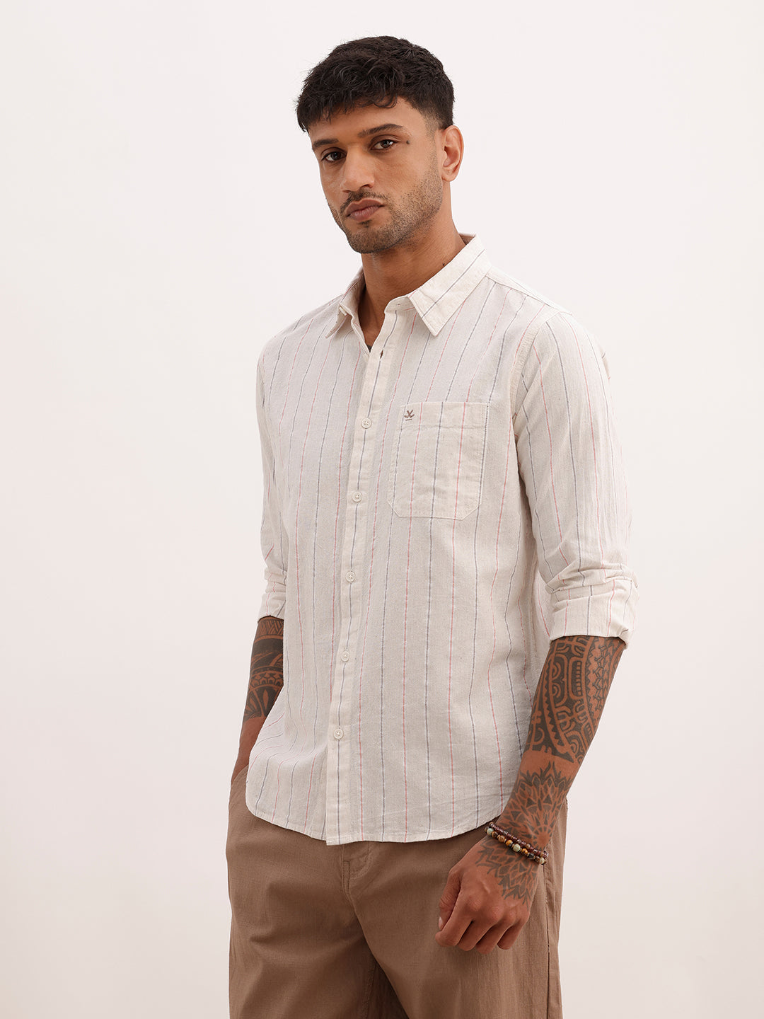 Classic Striped Linen Blend Shirt | Beige | WWSH0696MAZ
