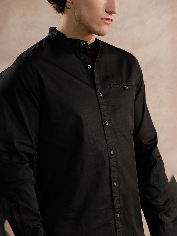 Mandarin Collar Regular Fit Shirt | Black