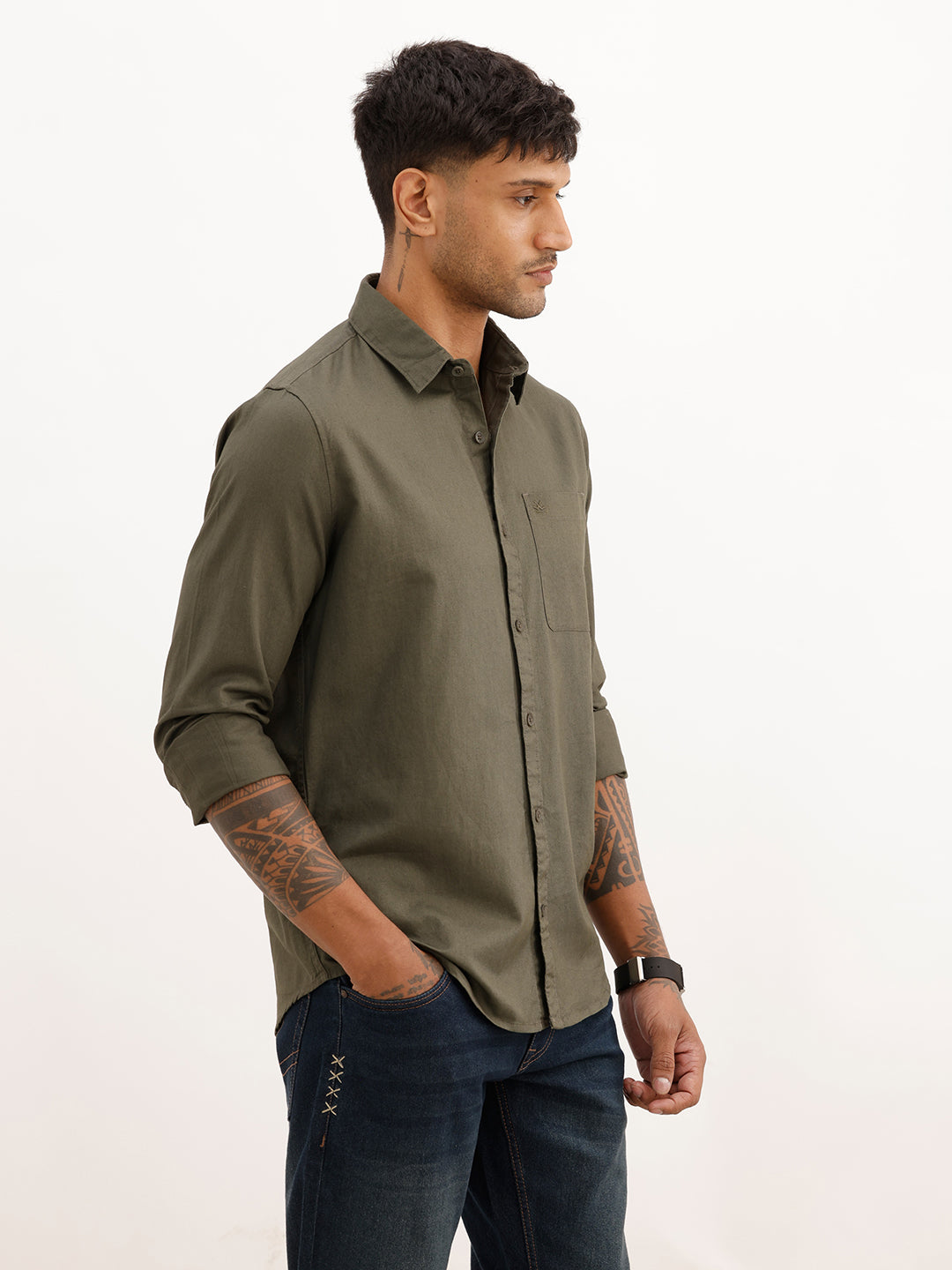 Solid Relaxed Fit Full Sleeve Shirt | Olive