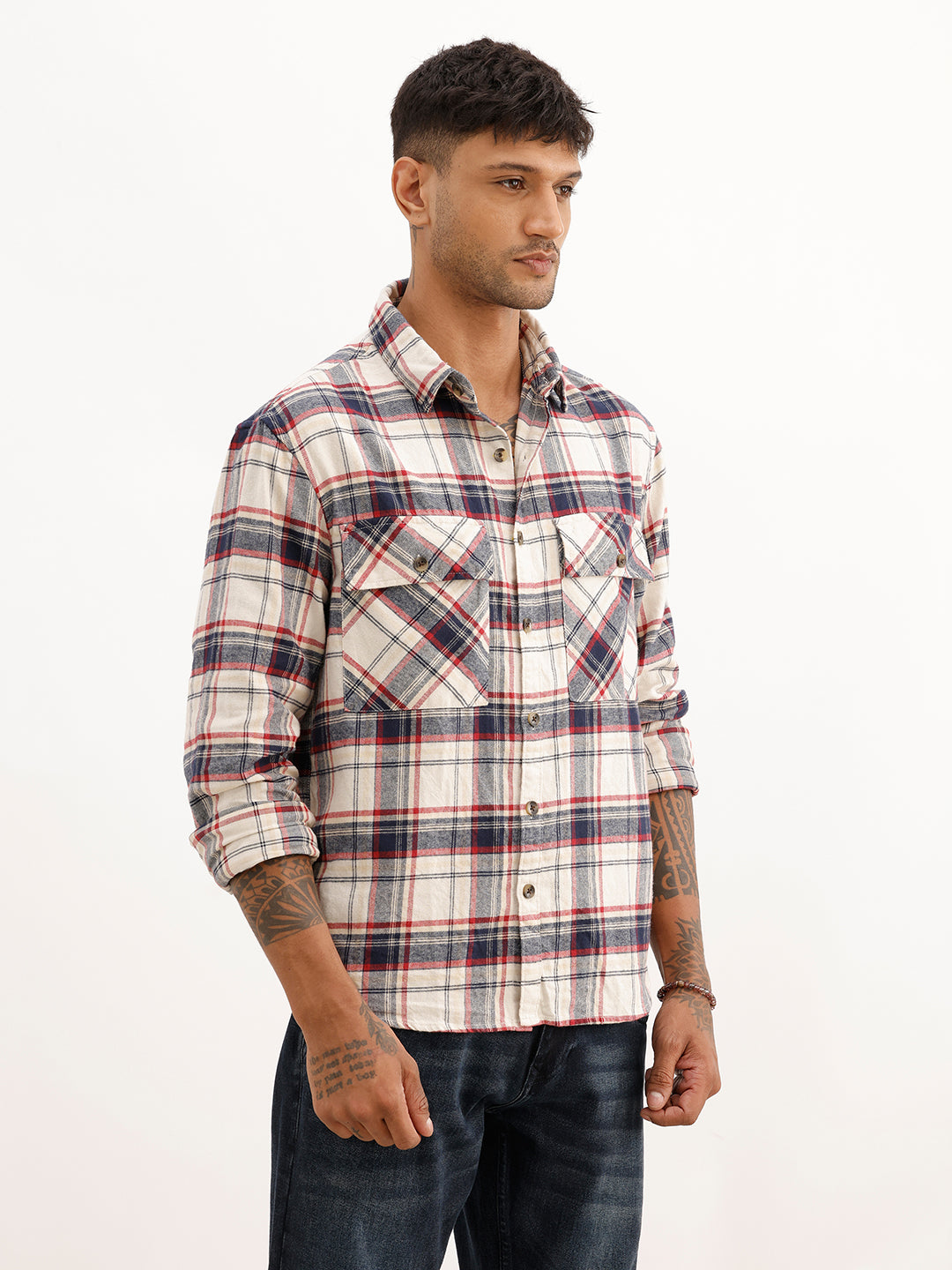 Regular Fit Checkered Hooded Shirt | Beige