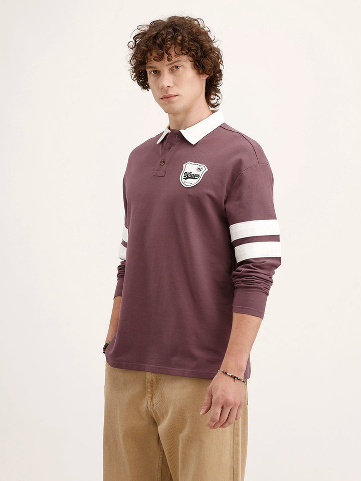 Oversized Patch Detailed Long Sleeve Polo T-Shirt | Purple