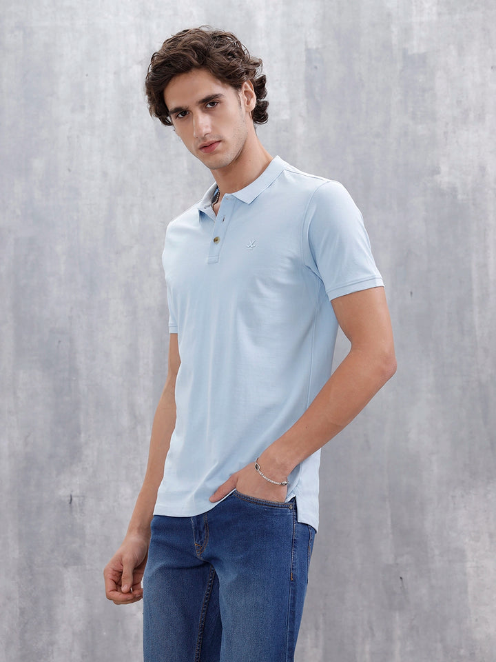 Casual Slim Fit Solid Polo T-Shirt | Light Blue
