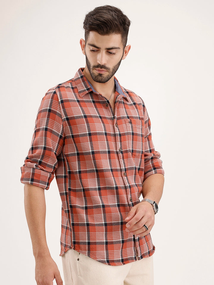 Regular Fit Checkered Shirt | Orange