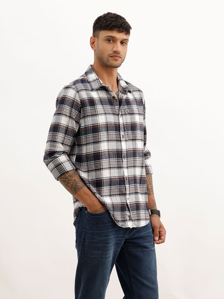 Slim Fit Checkered Full Sleeve Shirt | Navy Blue