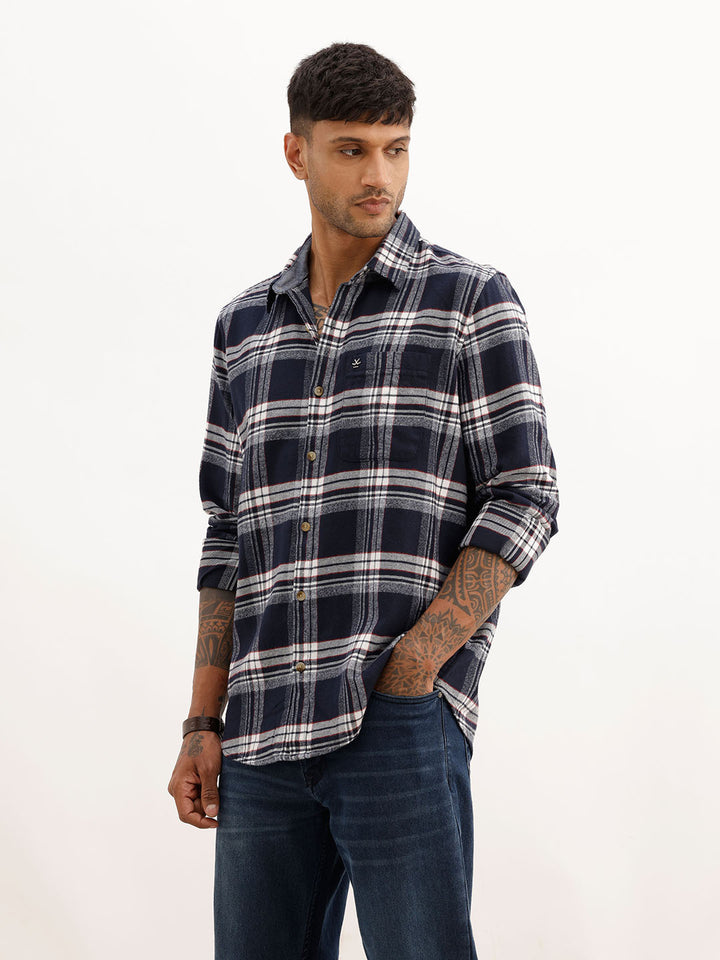 Slim Fit Checkered Full Sleeve Shirt | Navy Blue