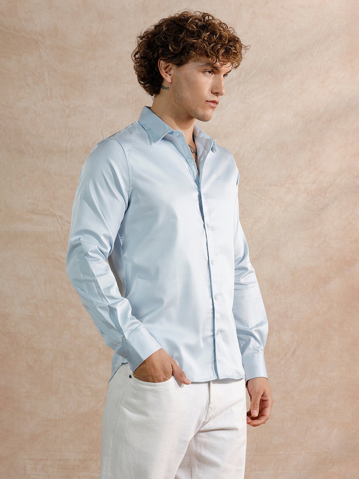 Solid Stretch Cotton Blend Shirt | Blue