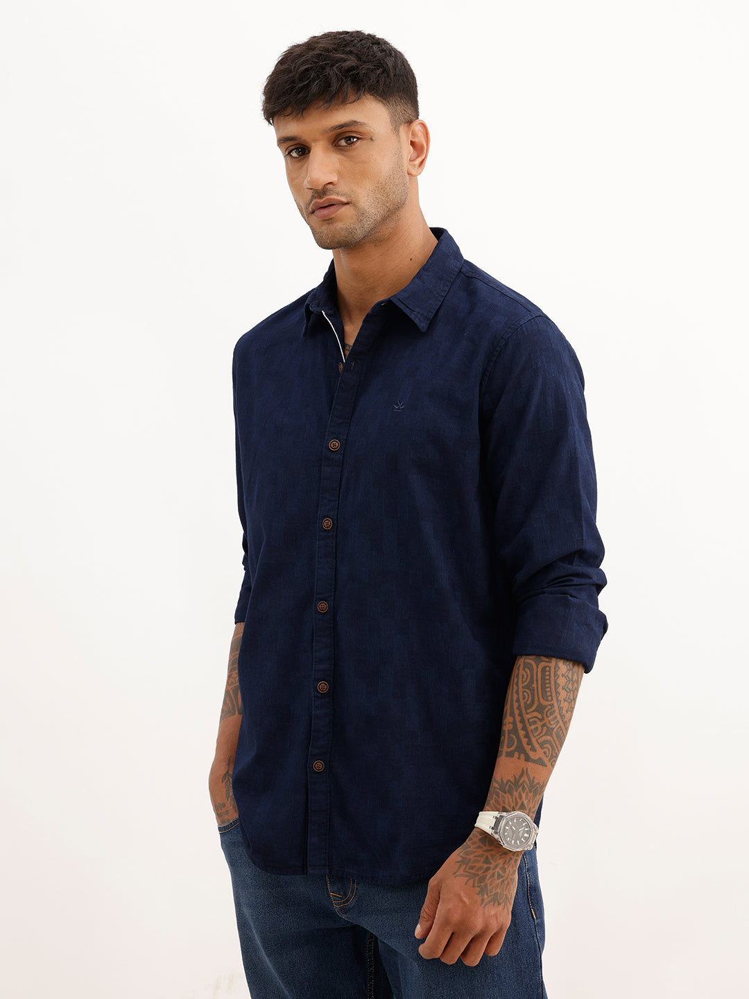 Textured Slim Fit Full Sleeve T-Shirt | Navy Blue